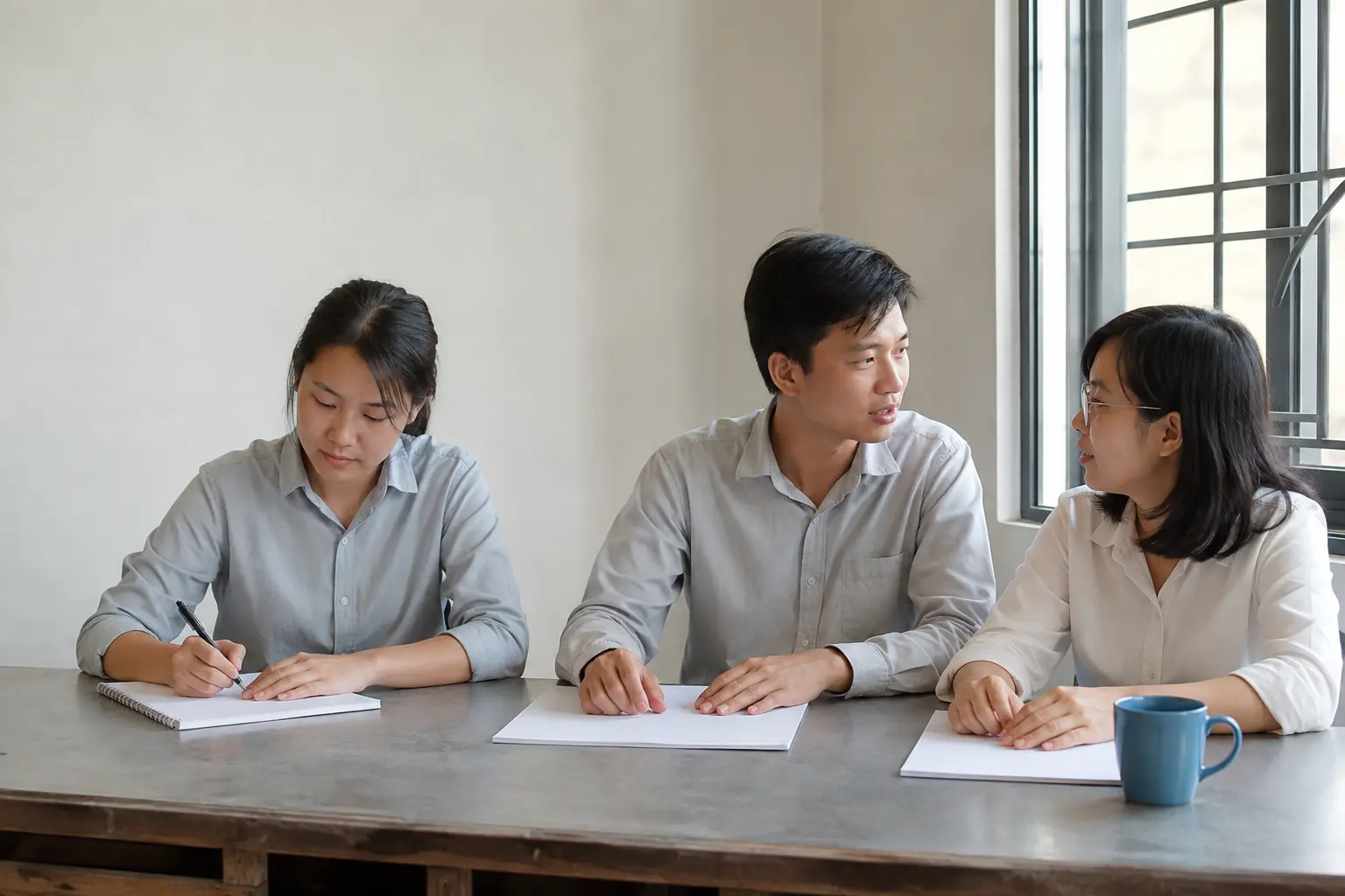 Four people working side by side along a long table in a plain bright office.