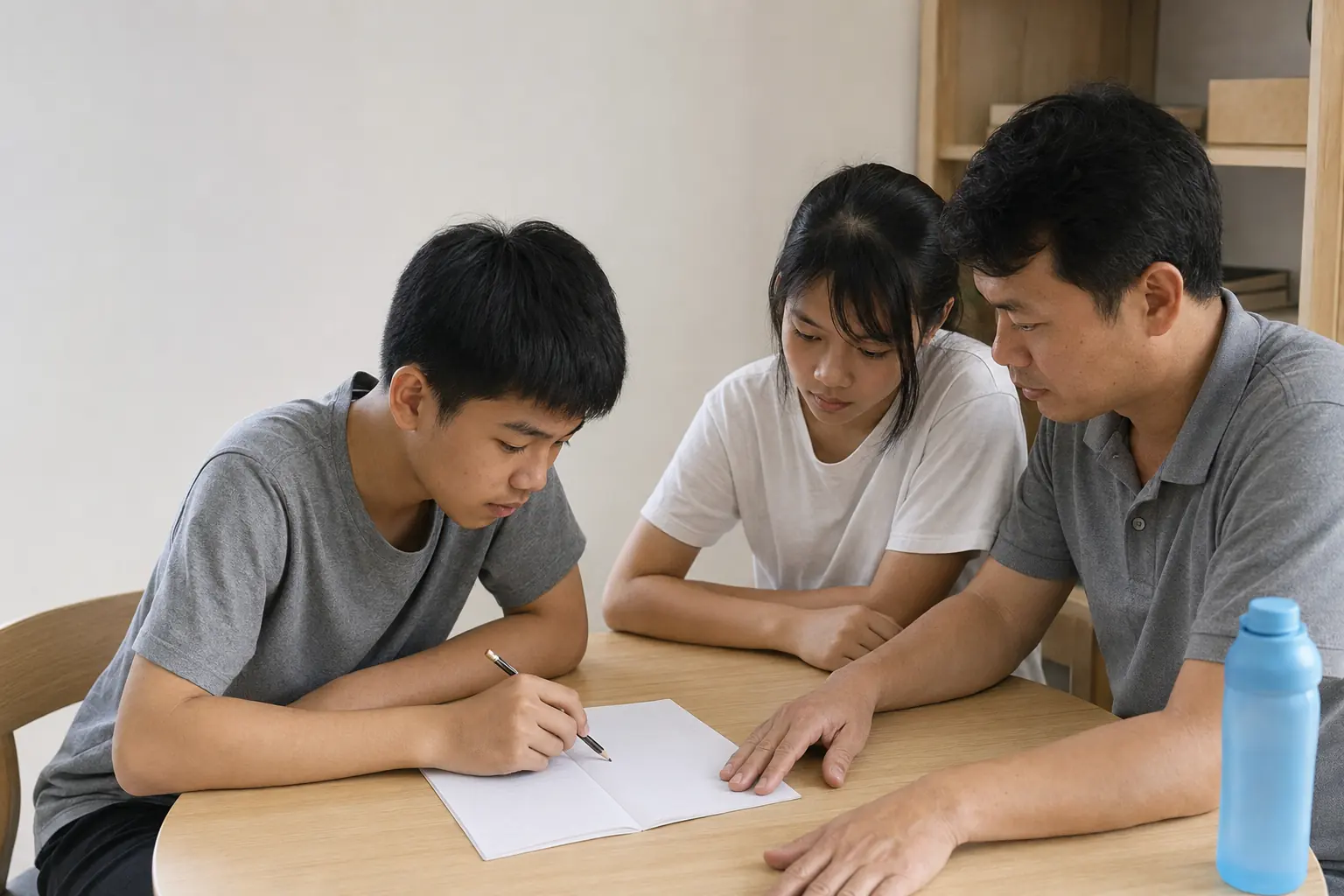 Two students and a tutor working through a page together at a small table.
